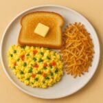 Easy American breakfast recipe with egg toast and crispy hash browns plated for serving