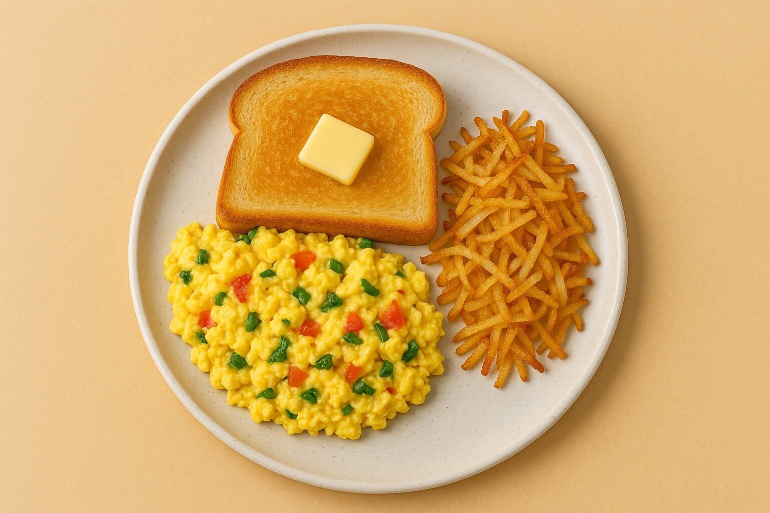 Easy American breakfast recipe with egg toast and crispy hash browns plated for serving