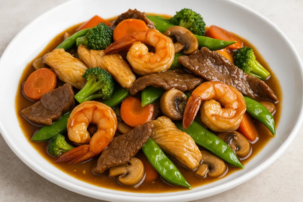 Triple Delight Chinese Food Recipe 12 Close-up of Triple Delight Chinese food showing juicy shrimp, tender beef, and fresh vegetables