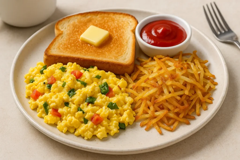 Quick 10-minute American breakfast meal with eggs, veggies, and toasted bread - Easy American Breakfast Recipe