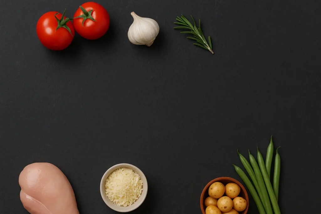 What to Make for Dinner Tonight? 6 Easy Meals You Can Cook in Under 30 Minutes 12 Fresh ingredients including tomatoes, garlic, rosemary, chicken breast, Parmesan cheese, baby potatoes, and green beans arranged on a dark flat-lay background. - what to make for dinner tonight