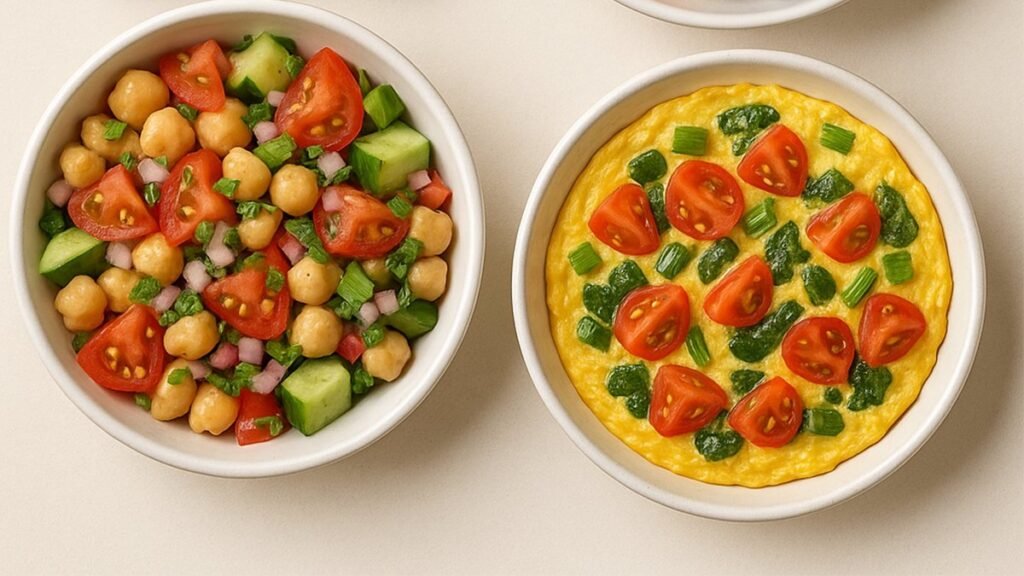 Healthy 5-Minute Meals: Quick & Nutritious Recipes for Busy Americans 3 Healthy 5-minute meal ideas including avocado toast, hummus platter, chickpea salad, and vegetable omelette arranged in bowls.