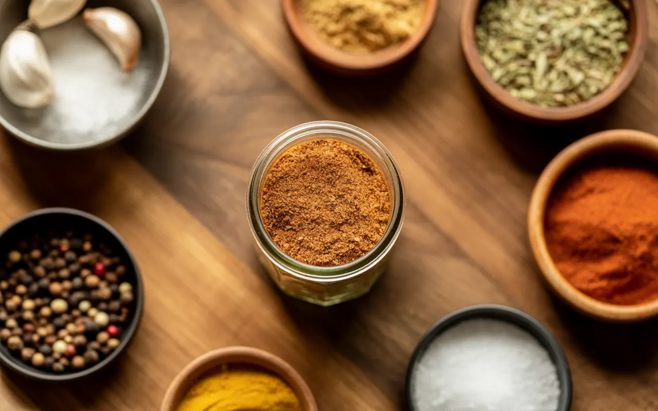 What Is Adobo Seasoning Recipe? 13 Homemade adobo seasoning in a glass bowl with a wooden spoon, surrounded by dried herbs and spices on a wooden surface.
