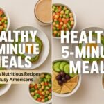 Quick nutritious meals with fresh vegetables, hummus, chickpeas, avocado toast, and omelette in a clean top-view layout.