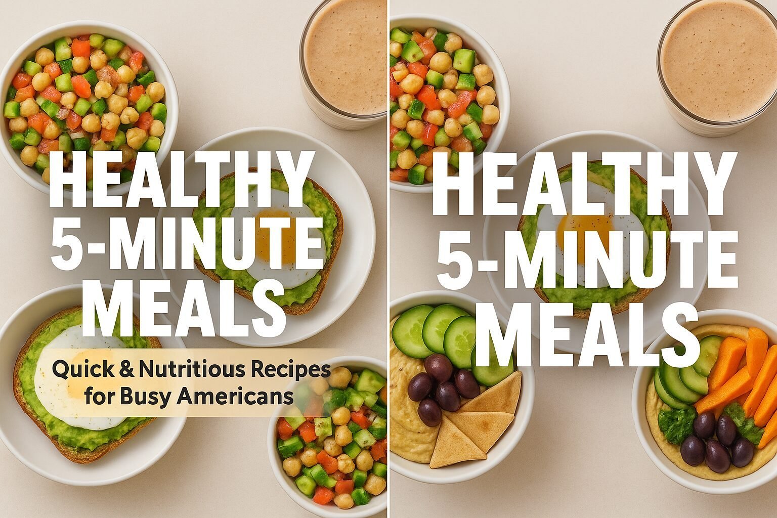 Quick nutritious meals with fresh vegetables, hummus, chickpeas, avocado toast, and omelette in a clean top-view layout.
