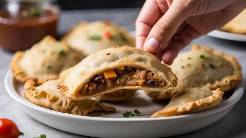 Alabama Hot Pockets Recipe 12 Half-moon Alabama hand pies with golden crust served on a wooden board, accompanied by dipping sauce and coleslaw, decorated with a small Alabama flag toothpick. - Alabama Hot Pockets