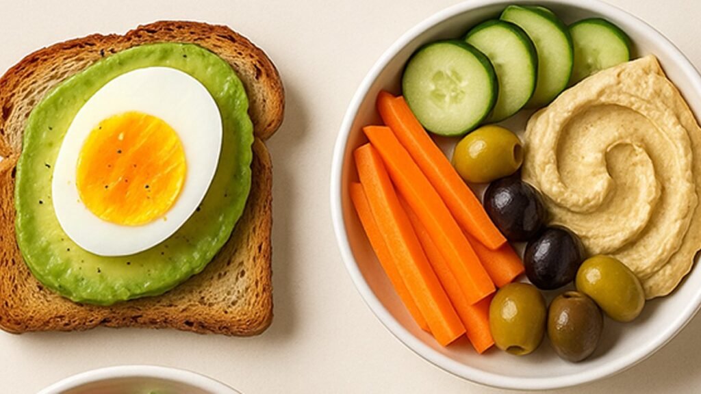 Healthy 5-Minute Meals: Quick & Nutritious Recipes for Busy Americans 2 Top-down view of four healthy 5-minute meals including avocado toast with egg, hummus with fresh vegetables, chickpea salad, and a vegetable omelette.