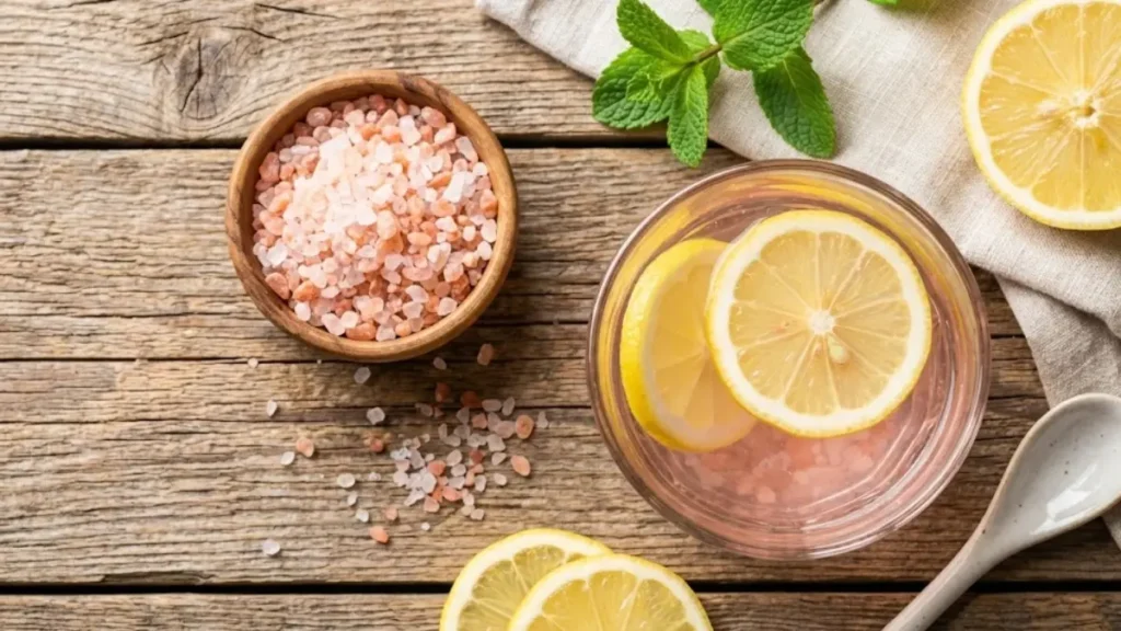 What Is the Recipe for the Pink Salt Trick? 12 Top-view photo of pink salt water with lemon slices and Himalayan salt crystals on a wooden table. - Pink salt Trick