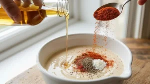 Cookout Sauce Recipe 18 Apple cider vinegar and spices added to cookout sauce mixture in bowl