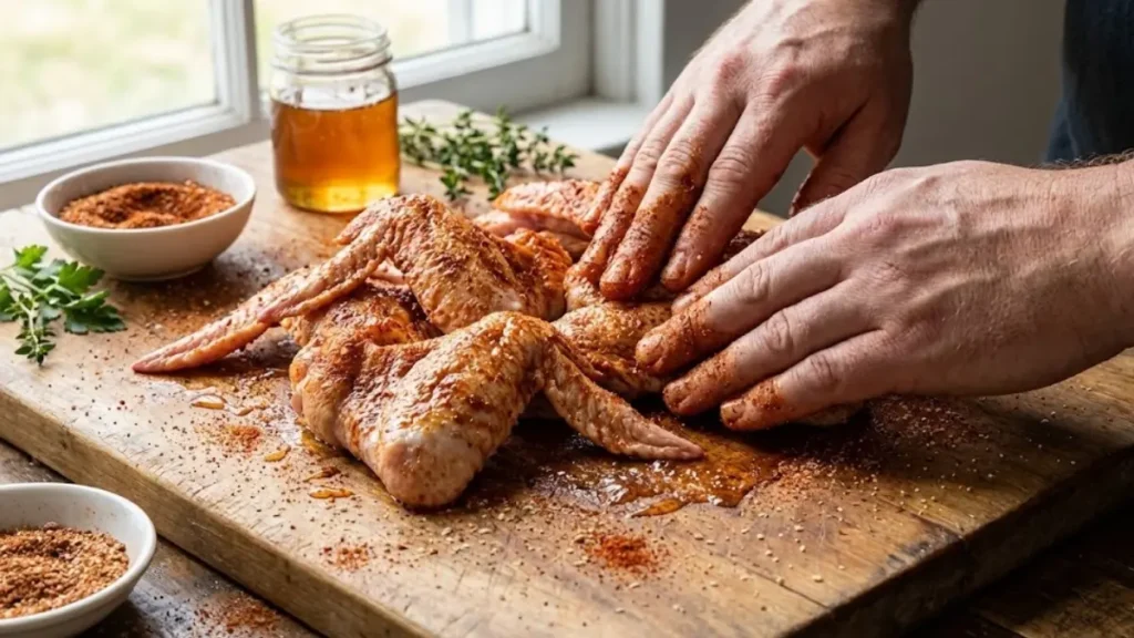 Hot Honey Rub Recipe 12 Applying hot honey rub seasoning to raw chicken wings before grilling or baking. - Hot Honey Rub Recipe