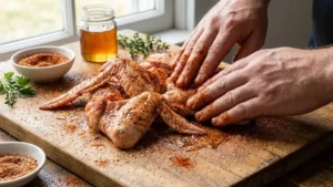 Hot Honey Rub Recipe 17 Applying hot honey rub seasoning to raw chicken wings before grilling or baking.