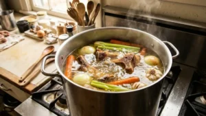 Bone Broth Recipe: How to Make Rich, Collagen-Filled Bone Broth at Home 14 Bone broth recipe ingredients including beef bones, carrots, onions, celery, garlic, and herbs on a wooden table