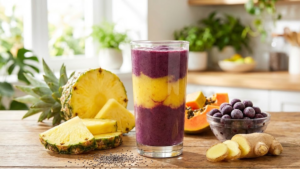 What Is the Brazilian Mounjaro Recipe? 15 Brazilian Mounjaro detox drink in a clear glass surrounded by pineapple, papaya, açaí, ginger, and chia seeds on a wooden table in bright natural light.