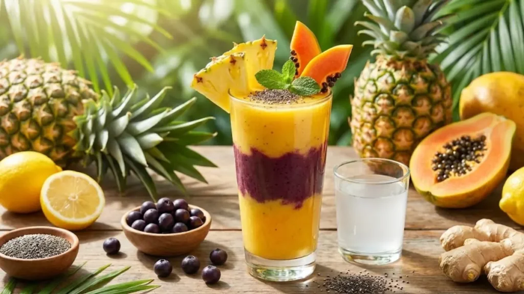 What Is the Brazilian Mounjaro Recipe? 13 Brazilian Mounjaro natural detox smoothie with pineapple, açaí, papaya, and ginger. - Brazilian Mounjaro recipe