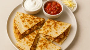 Chipotle Quesadilla Recipe 14 Chipotle-style chicken quesadilla with melted cheese and crispy tortilla, served with salsa and sour cream