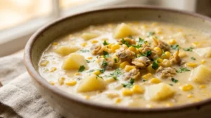 Corn Clam Chowder Recipe 15 Close-up of rich corn clam chowder showing creamy broth, clams, corn kernels, and diced potatoes.