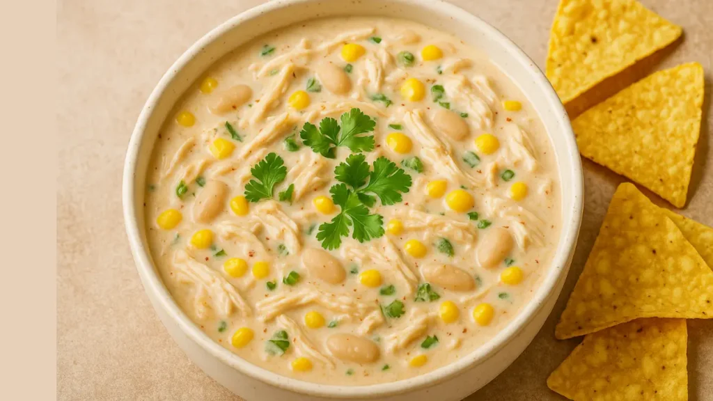 Creamy White Chicken Chili Recipe With Corn – The Only Recipe You’ll Ever Need! 12 Close-up shot of white chicken chili with shredded chicken, corn, and beans served with tortilla chips - white chicken chili recipe with corn
