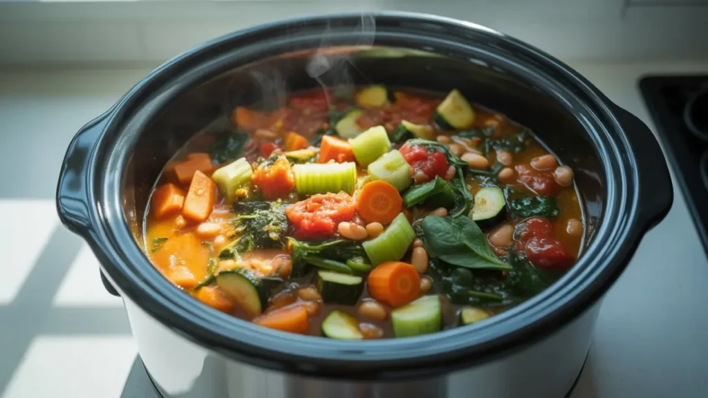 5 Easy & Healthy Crockpot Recipes Perfect for Weight Loss 12 Colorful crockpot vegetable stew with carrots, celery, tomatoes, and beans - Healthy Crockpot Recipes