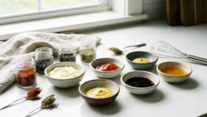 Cookout Sauce Recipe 14 Cookout sauce ingredients including mayonnaise, ketchup, mustard, Worcestershire sauce, vinegar, and spices arranged on a kitchen counter