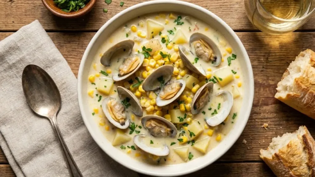 Corn Clam Chowder Recipe 12 Creamy corn clam chowder with tender clams, sweet corn, and potatoes served in a bowl with parsley garnish