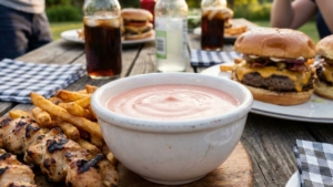 Cookout Sauce Recipe 22 Creamy homemade cookout sauce served in a bowl with fries and grilled chicken