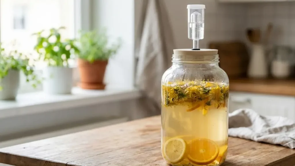Dandelion Wine Recipe 12 Dandelion wine fermenting in a glass jar with citrus slices and an airlock - Dandelion Wine Recipe