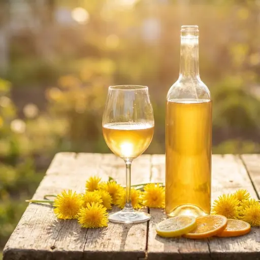 Dandelion Wine Recipe 13 Dandelion wine in a glass bottle with fresh yellow dandelion flowers and citrus slices on a wooden table