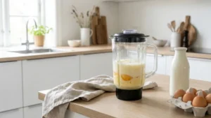 Swedish Pancake Recipe 14 Eggs and milk being blended together in a blender to prepare Swedish pancake batter