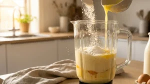 Swedish Pancake Recipe 15 Flour, sugar, salt, and melted butter added to Swedish pancake batter in a blender