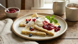 Swedish Pancake Recipe 20 Folded Swedish pancakes served with lingonberry jam, whipped cream, and berries