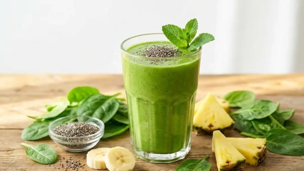10 Day Green Smoothie Cleanse Recipes for Weight Loss, Energy & Full Body Detox 12 Fresh green smoothie cleanse drink in a clear glass made with spinach, banana, pineapple, and chia seeds, styled for a 10 day smoothie detox