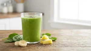 10 Day Green Smoothie Cleanse Recipes for Weight Loss, Energy & Full Body Detox 14 Fresh green smoothie in a clear glass made with spinach, banana, pineapple, and chia seeds, served on a wooden table in natural light.