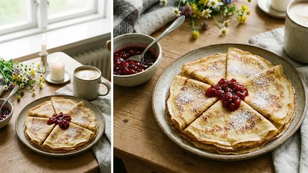 Swedish Pancake Recipe 12 Freshly cooked Swedish pancake Recipe folded on a plate with lingonberry jam and coffee on a breakfast table