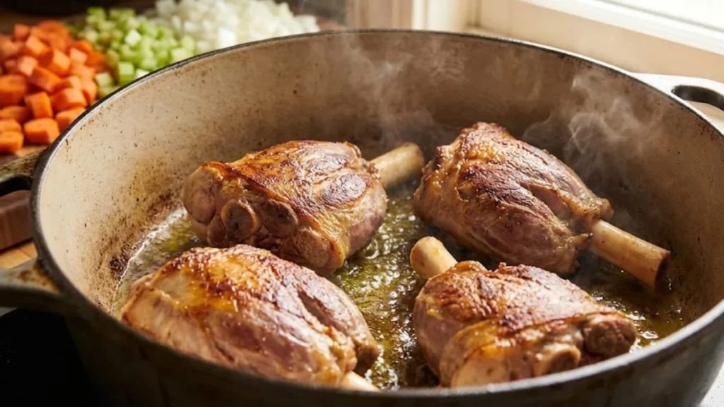 The Best Bucco Osso Recipe 12 Golden-browned veal shanks sizzling in a cast-iron pot with olive oil, showing crispy edges and diced vegetables nearby - Bucco Osso Recipe