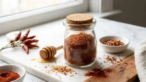 Hot Honey Rub Recipe 18 Homemade hot honey rub seasoning in a glass jar with chili flakes and honey, showing a rich sweet and spicy spice blend