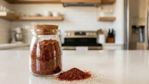 Hot Honey Rub Recipe 16 Homemade hot honey rub seasoning stored in a glass jar, showing rich red-brown color and fine texture
