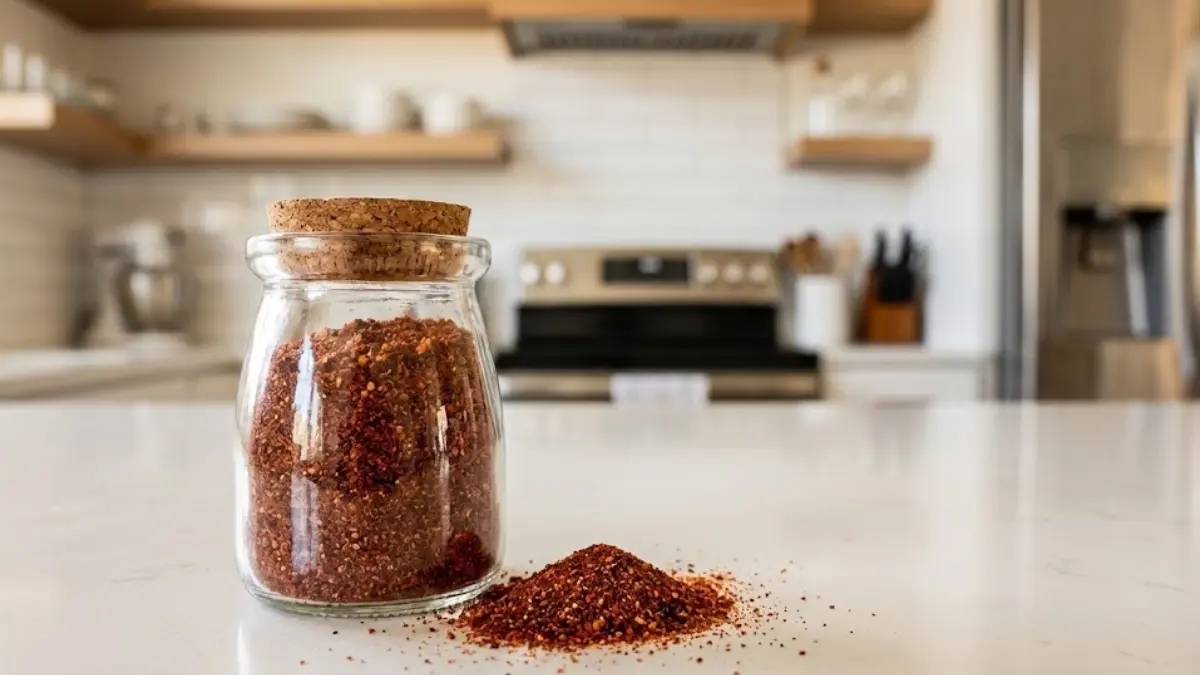 Hot Honey Rub Recipe 13 Homemade hot honey rub seasoning stored in a glass jar, showing rich red-brown color and fine texture