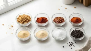 Hot Honey Rub Recipe 14 Hot honey rub ingredients including brown sugar, smoked paprika, chili flakes, cayenne pepper, garlic powder, onion powder, salt, and black pepper measured and arranged on a kitchen counter