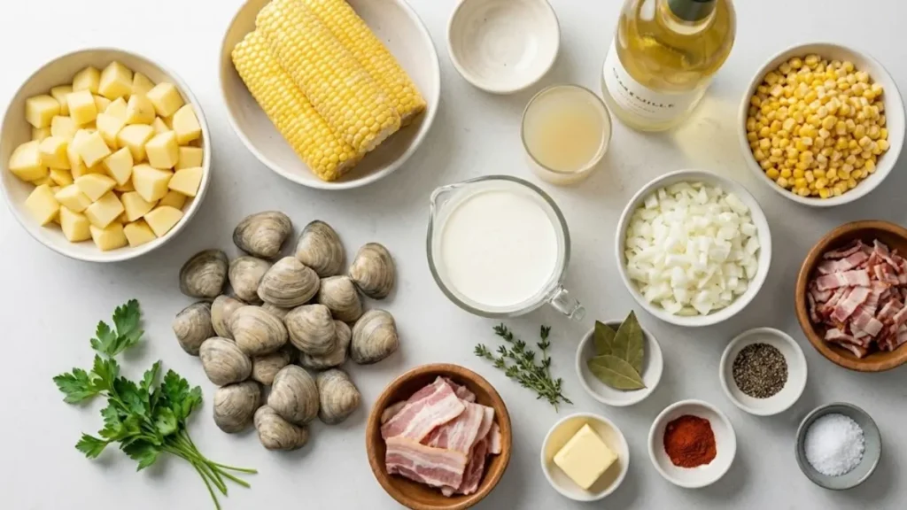 Corn Clam Chowder Recipe 13 Ingredients for corn clam chowder including clams, corn, potatoes, onions, bacon, cream, and fresh herbs arranged on a kitchen surface
