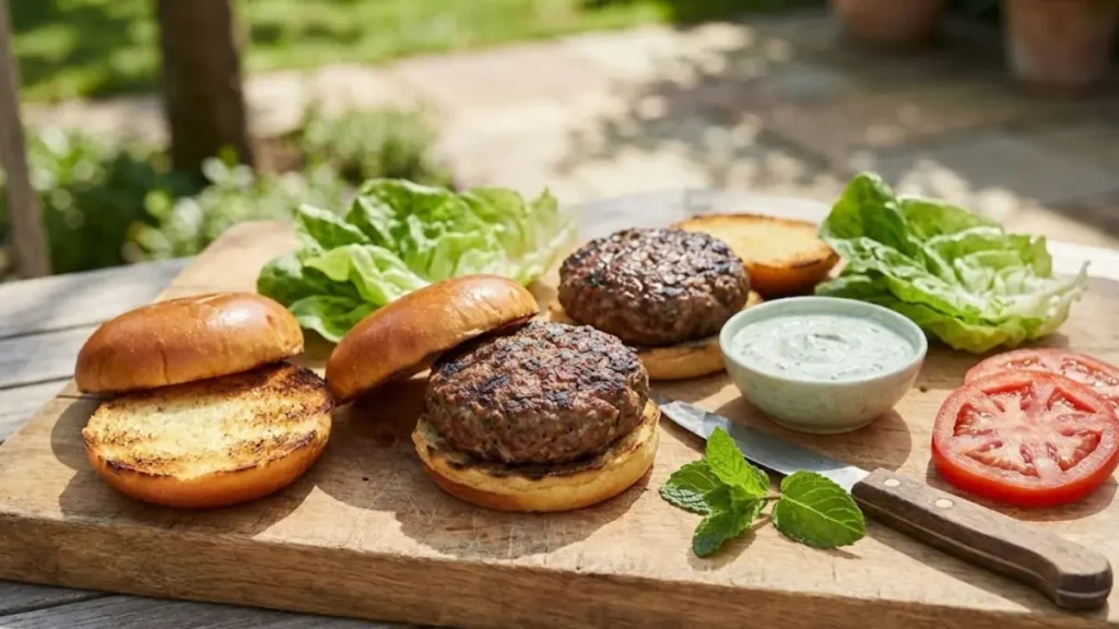 Ground Lamb Recipes 13 Juicy ground lamb burgers on brioche buns with mint yogurt sauce and fresh vegetables - Ground Lamb Recipes