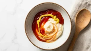 Cookout Sauce Recipe 16 Ketchup and yellow mustard mixed with mayonnaise in a bowl for cookout sauce