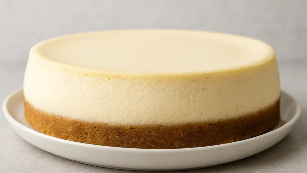 The Best Cheesecake Recipe Ever – Creamy, Smooth, and Totally Foolproof! 12 New York cheesecake with thick, velvety filling and fresh strawberries on top, styled for a homemade cheesecake recipe blog