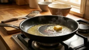 Swedish Pancake Recipe 16 Non-stick skillet heating on a stovetop with melted butter for Swedish pancakes