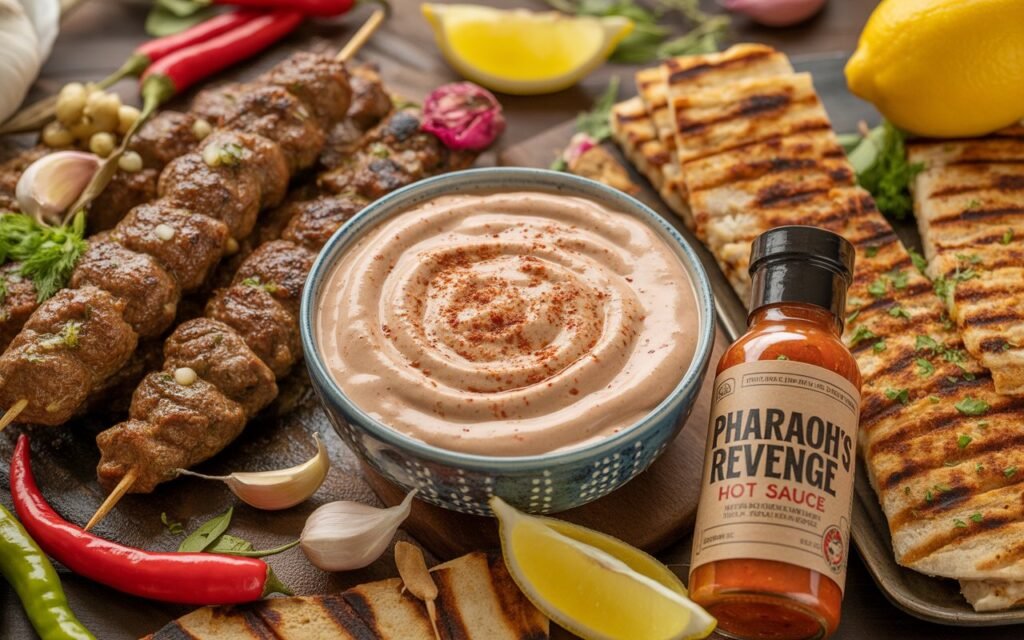 Pharaoh Sauce Recipe 12 Pharaoh sauce with kebabs and Pharaoh’s Revenge Hot Sauce displayed on a rustic table.