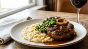 The Best Bucco Osso Recipe 14 Plated Osso Buco served with creamy risotto, topped with fresh gremolata and visible bone marrow in the center