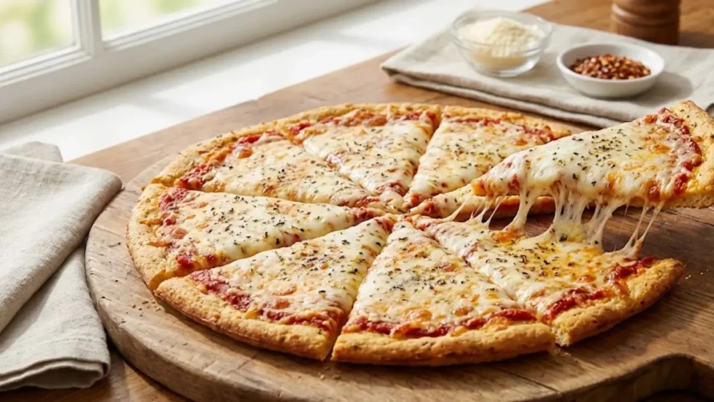 Can Chicken Pizza Crust Recipe: The Viral Low-Carb Pizza Americans Are Loving 12 Sliced chicken pizza crust holding toppings on a wooden board