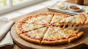 Can Chicken Pizza Crust Recipe: The Viral Low-Carb Pizza Americans Are Loving 20 Sliced chicken pizza crust holding toppings on a wooden board