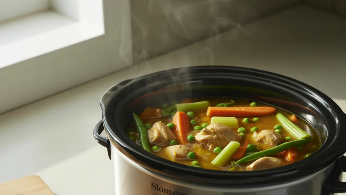 Crockpot Chicken Vegetable Soup 14 Slow cooker filled with chicken, carrots, celery, peas, and broth cooking into a healthy crockpot soup