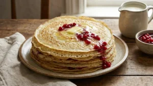 Swedish Pancake Recipe 18 Stack of thin Swedish pancakes with delicate edges on a plate