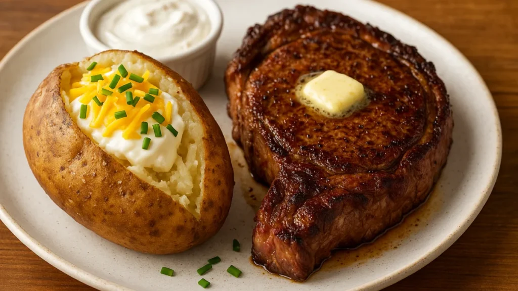 Steak and Baked Potato Recipe 12 Steak and baked potato on a ceramic plate with cheddar, sour cream, and chives—classic American steakhouse dinner.